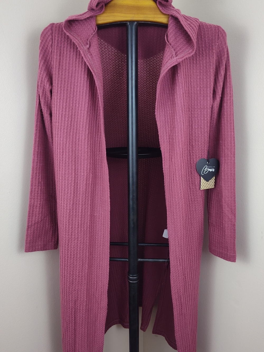 Popular Basics Hooded Waffle-Knit Open Cardigan in Dusty Rose